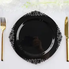 10 Pcs Disposable Plastic Salad Dinner Plates Embossed Baroque Trim Party Black and silver