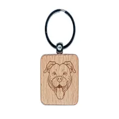 Happy Pit Bull Face Engraved Wood Square Keychain Tag Charm