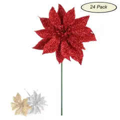 Set of 24: Sparkling Red Glitter Poinsettia Flower Picks | 3" Wide | Festive Holiday Accents | Trees, Wreaths, & Garlands | Christmas Picks | Home & Office Decor - 2024 Christmas Collection, Floral Home by Artificial Flowers