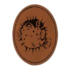 Startled Spiny Puffed Pufferfish Funny Fugu Round Iron-On Engraved Faux Leather Patch Applique - 2.5" Brown