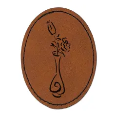 Roses Flowers in Vase Sketch Round Iron-On Engraved Faux Leather Patch Applique - 2.5" Brown