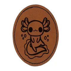 Delightful Kawaii Chibi Axolotl Round Iron-On Engraved Faux Leather Patch Applique - 2.5" Brown