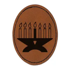 Kwanzaa Kinara with Candles Round Iron-On Engraved Faux Leather Patch Applique - 2.5" Brown