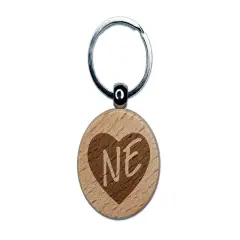 NE Nebraska State in Heart Engraved Wood Round Keychain Tag Charm