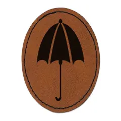 Rainy Day Umbrella Round Iron-On Engraved Faux Leather Patch Applique - 2.5" Brown