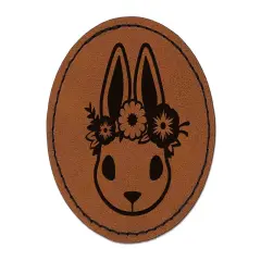 Cute Easter Bunny Rabbit Head with Flower Crown Round Iron-On Engraved Faux Leather Patch Applique - 2.5" Brown
