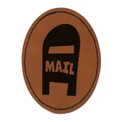 Mail Box Doodle Round Iron-On Engraved Faux Leather Patch Applique - 2.5" Brown
