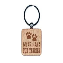 Wire Hair Fox Terrier Dog Paw Prints Fun Text Engraved Wood Square Keychain Tag Charm