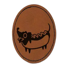 Dachshund Wiener Dog Hotdog Round Iron-On Engraved Faux Leather Patch Applique - 2.5" Brown