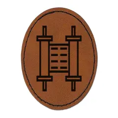 Torah Scroll Jewish Symbol Israel Round Iron-On Engraved Faux Leather Patch Applique - 2.5" Brown