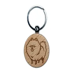 Perky Pomeranian Pup Dog Pet Engraved Wood Round Keychain Tag Charm