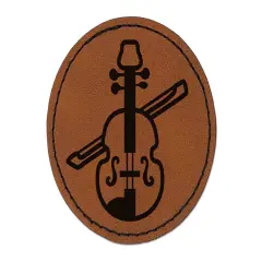 Fun Violin with Bow Icon Round Iron-On Engraved Faux Leather Patch Applique - 2.5" Brown