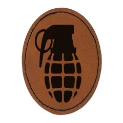 Cartoon Hand Grenade Round Iron-On Engraved Faux Leather Patch Applique - 2.5" Brown