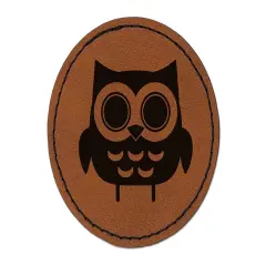 Adorable Little Hoot Owl Round Iron-On Engraved Faux Leather Patch Applique - 2.5" Brown