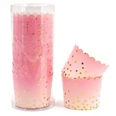25 Pieces Party Hippo Cupcake Cups, 4.5 Oz Disposable Foil Muffin Liners, Gold Cupcake Baking Cups, Baking Cups (Gold Dots Pink)