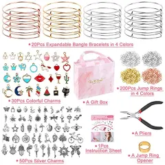 300 Pieces Bangle Bracelets Making Kit, Charm Bracelet Making Kit with Expandable Bangles, Charms, Jump Rings and Pliers for Jewelry Making Bangle Bracelets (with Gift Box and Tools)