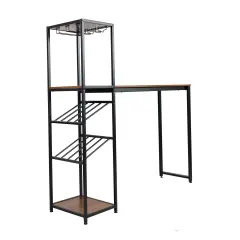 Merrick Lane Kramer Metal Bar and Wine Table with Bottle Storage and Hanging Stemware Holders WalnutTop/BlackFrame
