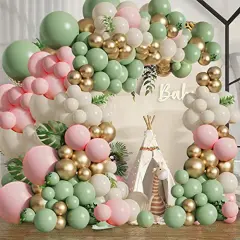 133 Pieces Green Pink Balloons Garland Kit, Olive Green Blush Pink Sand White Metallic Gold Balloons for Girl Baby Shower Bridal Shower Wedding Birthday Jungle Safari Woodland Party Decorations&hellip;