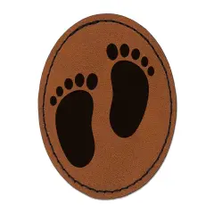 Baby Footprints Round Iron-On Engraved Faux Leather Patch Applique - 2.5" Brown
