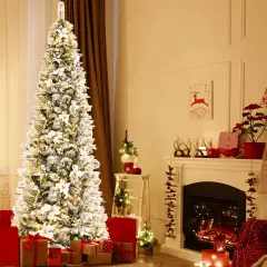 Costway 5ft/6ft/7ft/8ft Pre-lit Snow Flocked Christmas Tree w/ Berries & Poinsettia Flowers