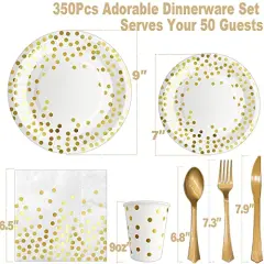350 Pieces White and Gold Plastic Dinnerware Set, Includes 9" Dinner Plates, 7" Dessert Plates, 9oz Cups, Napkins, Forks, Knives, Spoons