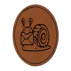 Cute Snail with Mail Gastropod Round Iron-On Engraved Faux Leather Patch Applique - 2.5" Brown