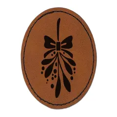Christmas Mistletoe Round Iron-On Engraved Faux Leather Patch Applique - 2.5" Brown