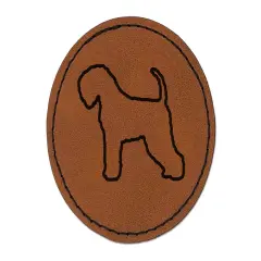 Soft Coated Wheaten Terrier Dog Outline Round Iron-On Engraved Faux Leather Patch Applique - 2.5" Brown
