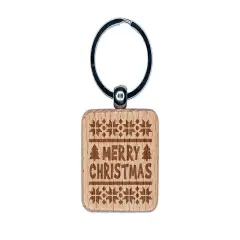 Merry Christmas Sweater Style Engraved Wood Square Keychain Tag Charm