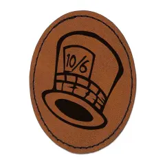 Mad Hatter Hat from Alice in Wonderland Round Iron-On Engraved Faux Leather Patch Applique - 2.5" Brown