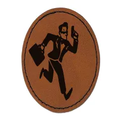 Spy Secret Agent with Briefcase Round Iron-On Engraved Faux Leather Patch Applique - 2.5" Brown