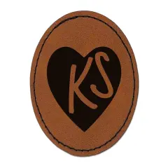 KS Kansas State in Heart Round Iron-On Engraved Faux Leather Patch Applique - 2.5" Brown