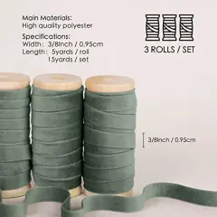 Dusty Green Velvet Ribbon Set 3/8"" x 15 Yards Wooden Spool Fabric Trim Eco-Friendly 3 Rolls * 5Yd for Christmas Wreath Decoration Handmade Craft Ornaments Gift Wrapping & Bow Making