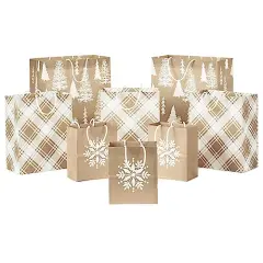 Hallmark Recyclable Holiday Gift Bags (8 Bags: 3 Small 6", 3 Medium 9", 2 Large 13") Kraft Brown with Snowflake, Plaid and Trees for Christmas, Hanukkah, Weddings, Birthdays, Brown Kraft, White Snowflake, Rustic Plaid, Trees, Assorted (0005XGB1417)