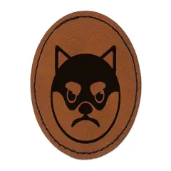 Husky Dog Face Mad Round Iron-On Engraved Faux Leather Patch Applique - 2.5" Brown