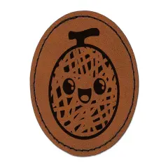 Happy Cute Honeydew Melon Round Iron-On Engraved Faux Leather Patch Applique - 2.5" Brown