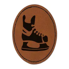 Hockey Ice Skates Skating Blades Round Iron-On Engraved Faux Leather Patch Applique - 2.5" Brown
