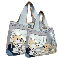 Wrapables Large & Small Foldable Tote Nylon Reusable Grocery Bags, Set of 2, Dogs Rule