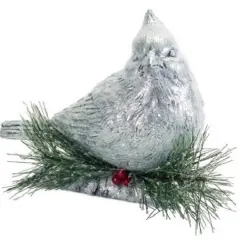 Diva At Home 8.75" Gray and Green Cardinal Perched on Log with Pine Cones/Berries Christmas Decoration