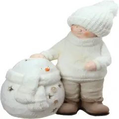 Northlight Snowman with Standing Boy Christmas Tealight Candle Holder - 17.25" - White