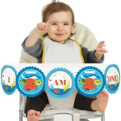 Big Dot of Happiness Under the Sea Critters 1st Birthday Highchair Decor - I Am One - First Birthday High Chair Banner