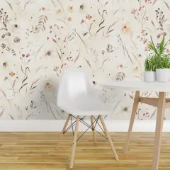Peel & Stick Wallpaper 2FT Wide Elegant Meadow Wildflowers Hand-Painted Neutral Botanical Feminine Earth Tone Garden Custom Removable Wallpaper by Spoonflower