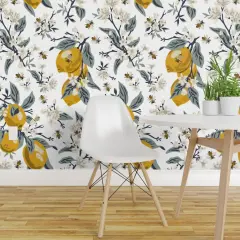 Pre-Pasted Wallpaper 2FT Wide Honey Bees Citrus Floral Mustard Yellow Transitional Style Modern Farmhouse Custom Pre-pasted Wallpaper by Spoonflower