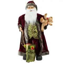 Northlight 32" Burgundy Santa Claus with Teddy Bear and Gift Bag Christmas Figure Red