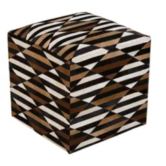 Diva At Home 18" Black, Chocolate Brown and Ivory Striped Leather Square Pouf Ottoman