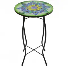 Northlight 19" Green and Blue Peacock Flower Tail Glass Patio Side Table