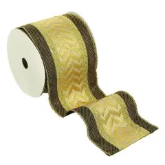Select Artificials Gold and Brown Metallic Flame Chevron Wired Craft Christmas Ribbon 4" x 5 Yards