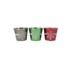 Darice Set of 3 Red, Green and Silver Glitter Snowflake Decorative Christmas Tin Pots 5"