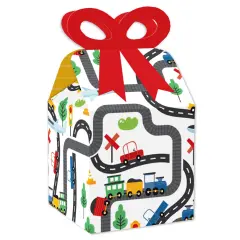 Big Dot of Happiness Cars, Trains, and Airplanes - Square Favor Gift Boxes - Transportation Birthday Party Bow Boxes - Set of 12