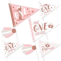 Big Dot of Happiness 1st Birthday Little Miss Onederful - Triangle Girl First Birthday Party Photo Props - Pennant Flag Centerpieces - Set of 20